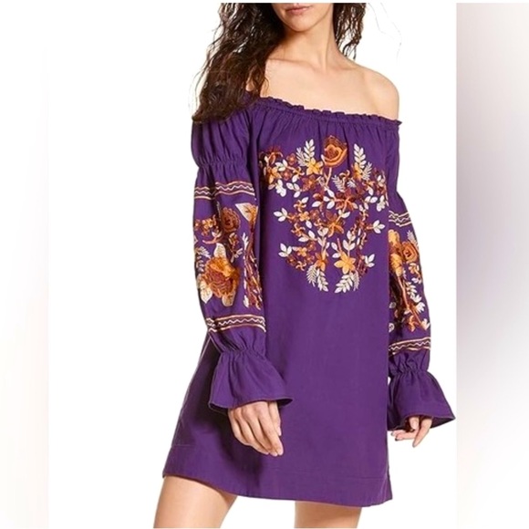 Free people Fleur Du Jour Embroidered Purple Mini Boho Cotton Dress XS - Picture 10 of 12